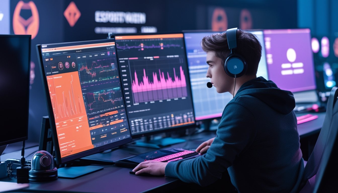 Seorang analis esports sedang bekerja di depan beberapa monitor yang menampilkan grafik dan statistik tim esports di sebuah ruang kerja modern.