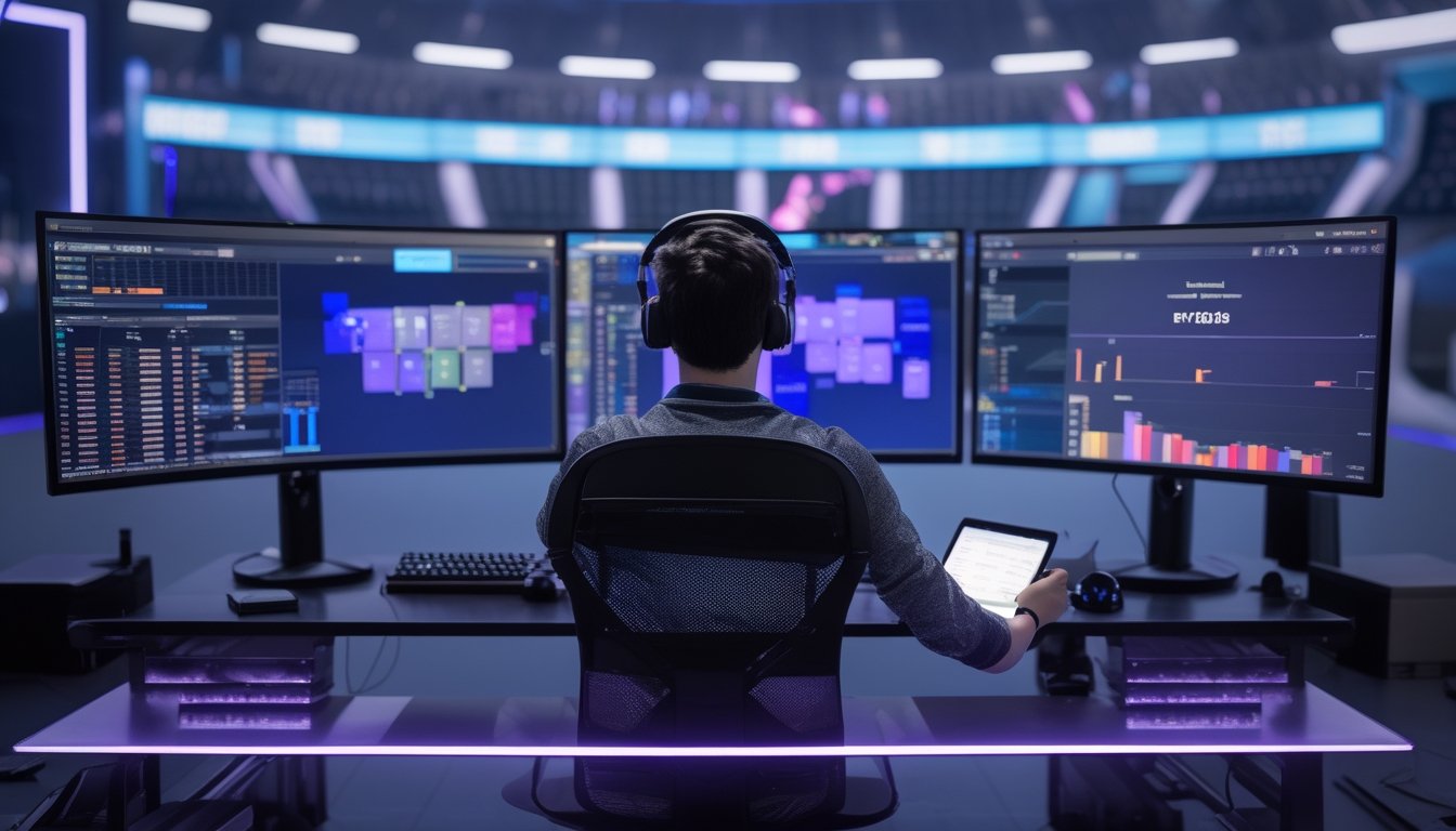 Seorang analis esports fokus melihat statistik tim esports di beberapa layar komputer di ruang kerja modern.