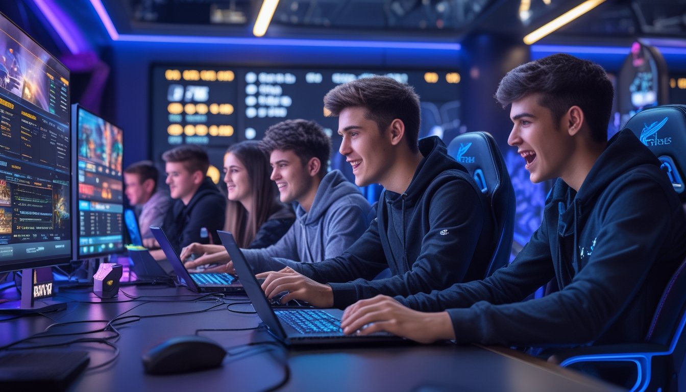 Sekelompok anak muda sedang fokus bermain dan bertaruh pada permainan esports di sebuah ruang game modern dengan pencahayaan biru dan ungu.
