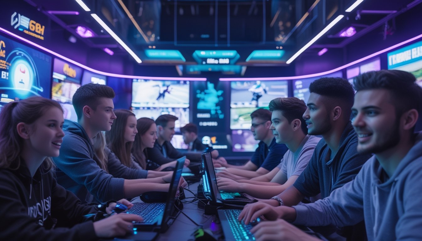 Sekelompok pemuda dan pemudi sedang bermain dan bertaruh pada permainan esports di sebuah ruang permainan modern dengan layar besar dan pencahayaan neon.