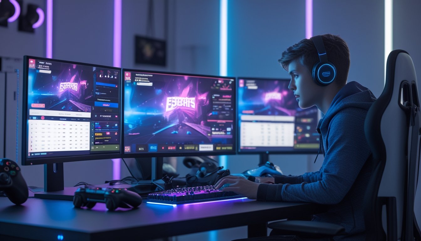 Seorang dewasa muda duduk di depan beberapa layar komputer yang menampilkan permainan esports dan antarmuka taruhan, di sebuah ruangan dengan pencahayaan futuristik dan peralatan gaming.
