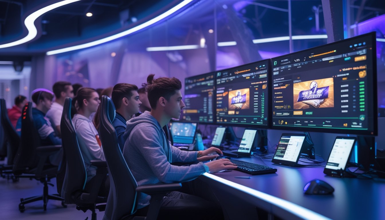Beberapa orang muda sedang fokus bermain dan bertaruh pada permainan esports di ruang gaming modern dengan monitor besar dan perangkat teknologi.
