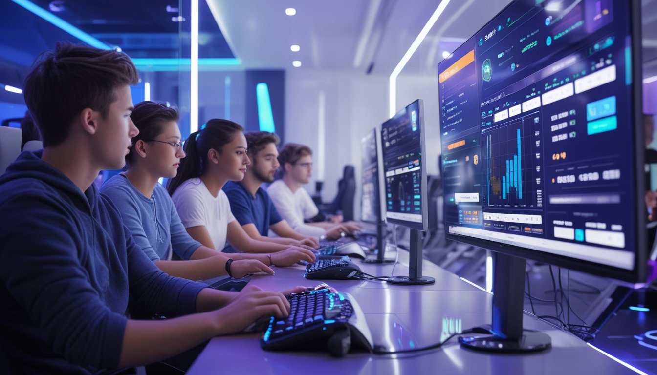 Sekelompok orang muda sedang melihat layar digital besar menampilkan pertandingan esports dan peluang taruhan dalam ruangan modern dengan pencahayaan futuristik.