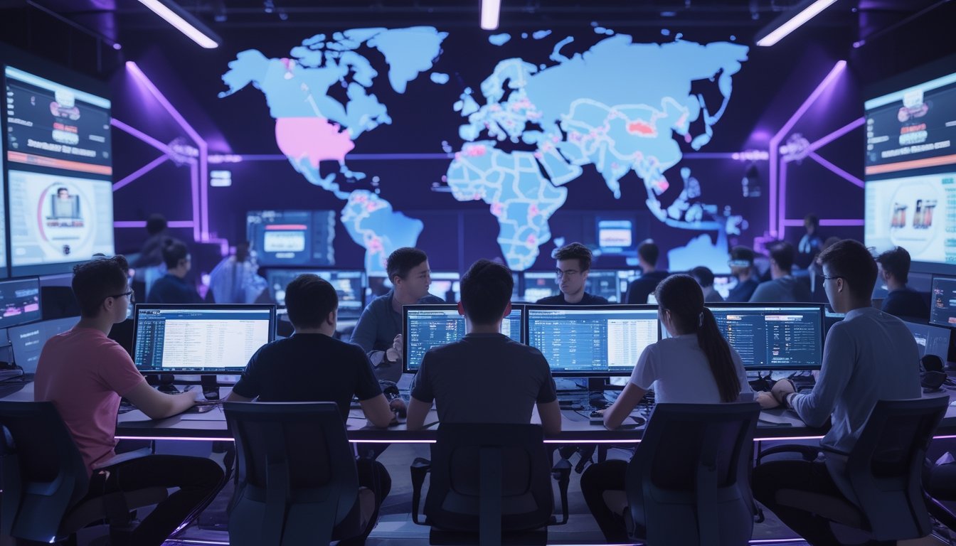 Beberapa orang muda sedang menganalisis data taruhan esports di ruang kerja modern dengan monitor dan perangkat teknologi canggih.