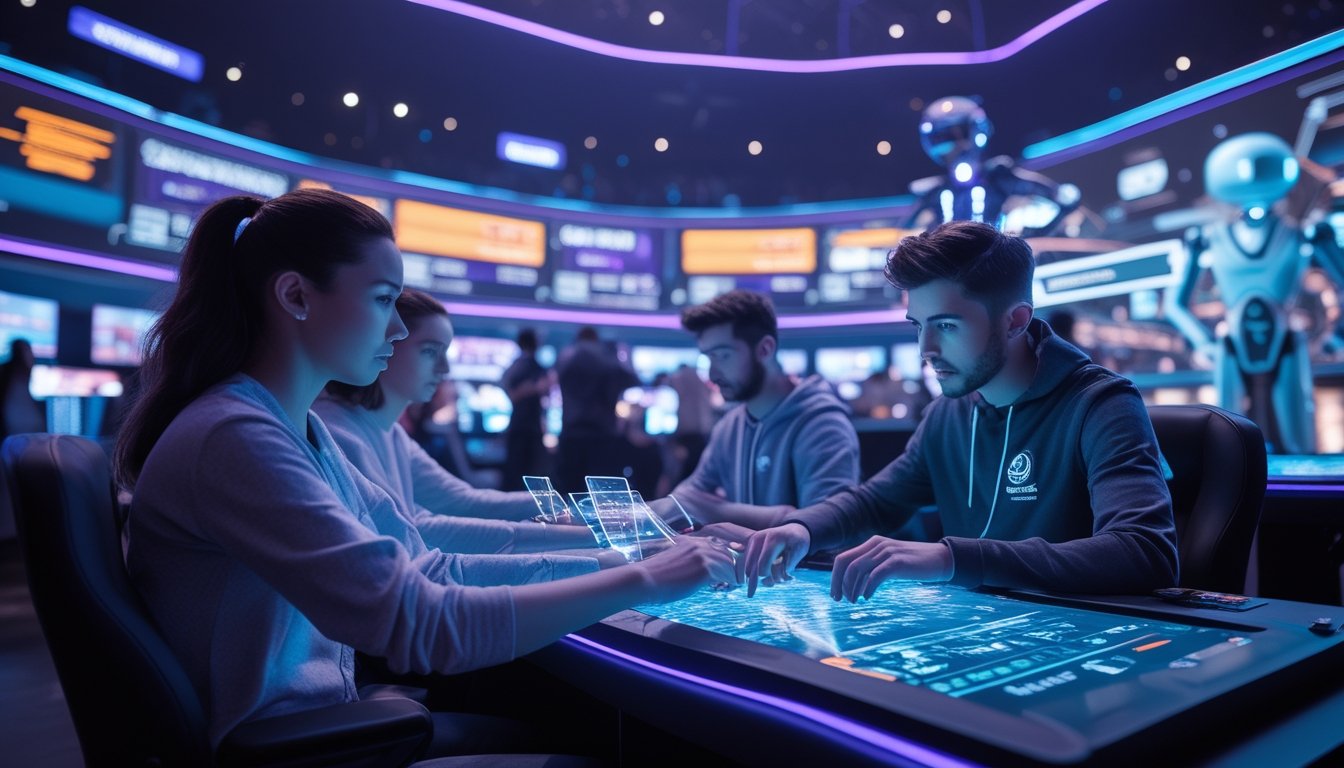 Orang-orang muda bermain dan memasang taruhan di arena esports futuristik dengan layar holografik dan teknologi AI yang canggih.