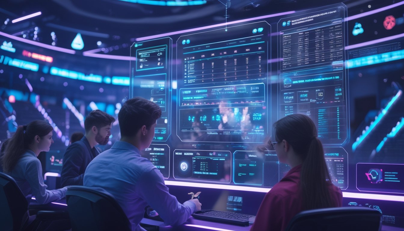 Orang-orang muda berinteraksi dengan antarmuka holografik di arena esports futuristik dengan layar LED yang menampilkan data dan analitik AI.