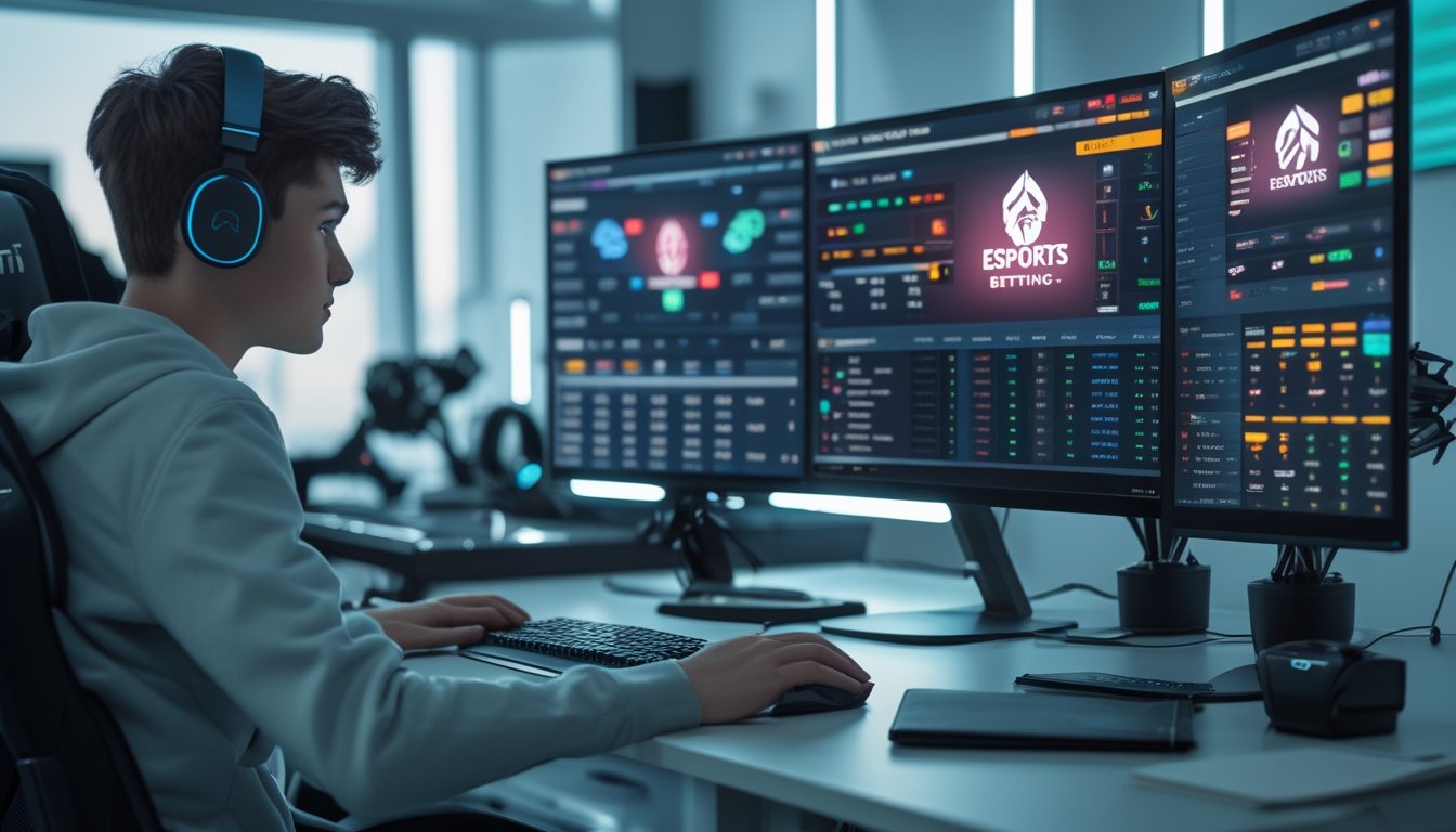 Seorang muda sedang duduk di meja kerja dengan beberapa monitor komputer menampilkan grafik permainan esports dan data taruhan, di ruangan yang terang dengan peralatan gaming di sekitar.