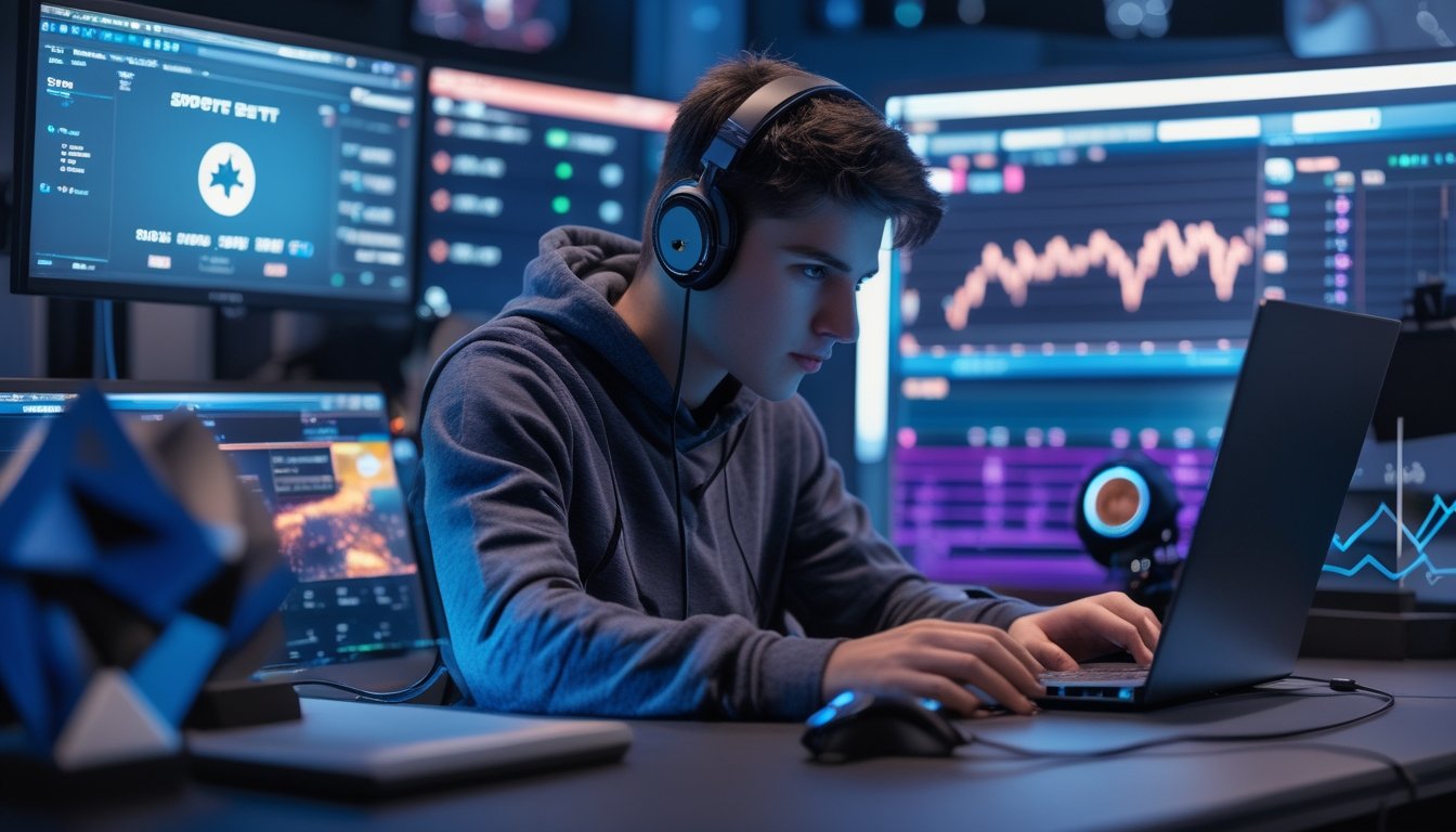 Seorang dewasa muda sedang menggunakan laptop dengan tampilan situs taruhan judi esports terpercaya di meja gaming modern dengan beberapa monitor dan pencahayaan ambient biru dan ungu.