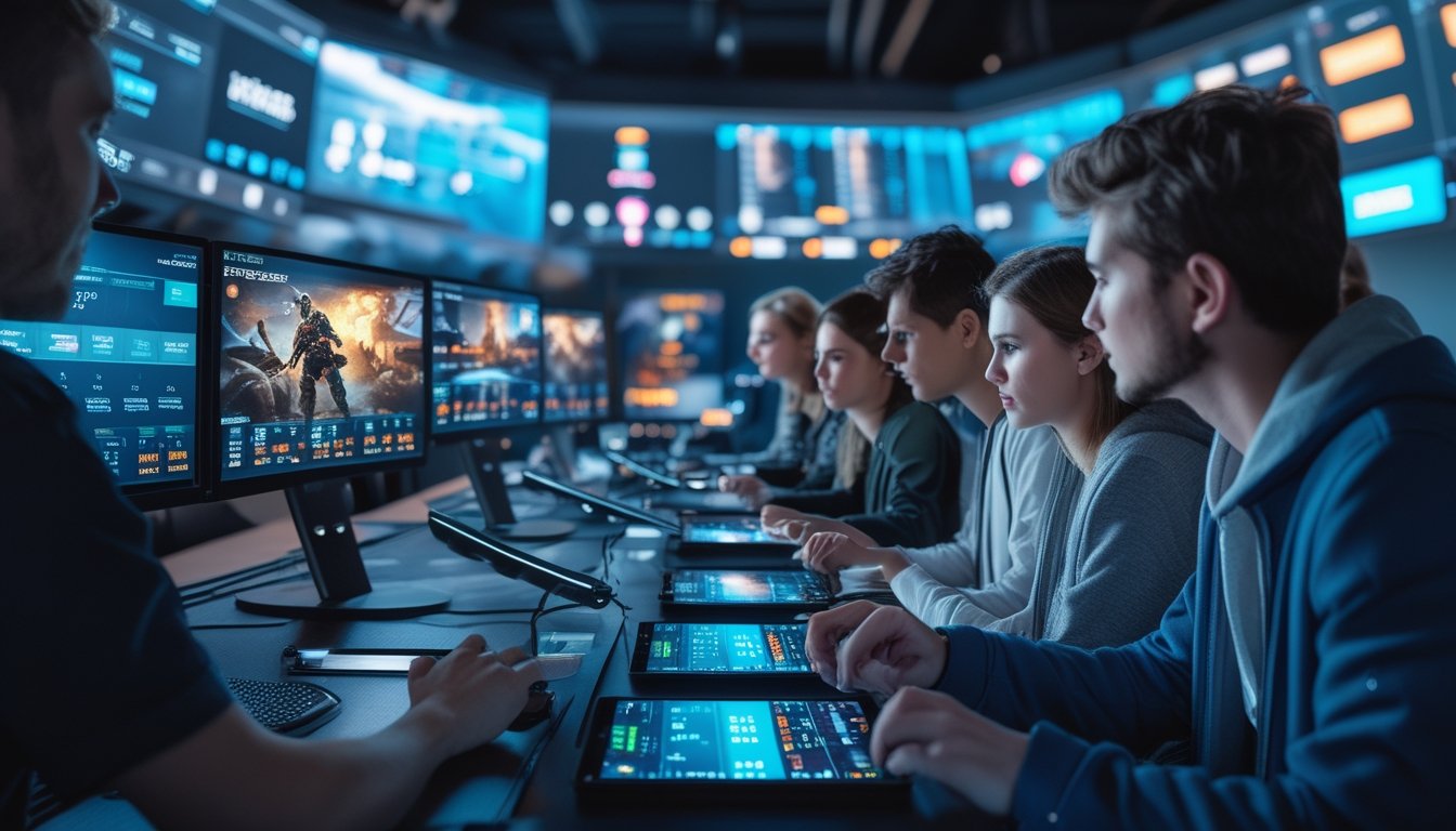 Sekelompok orang muda menggunakan perangkat digital untuk bertaruh pada pertandingan esports dengan latar belakang layar komputer menampilkan permainan esports populer.