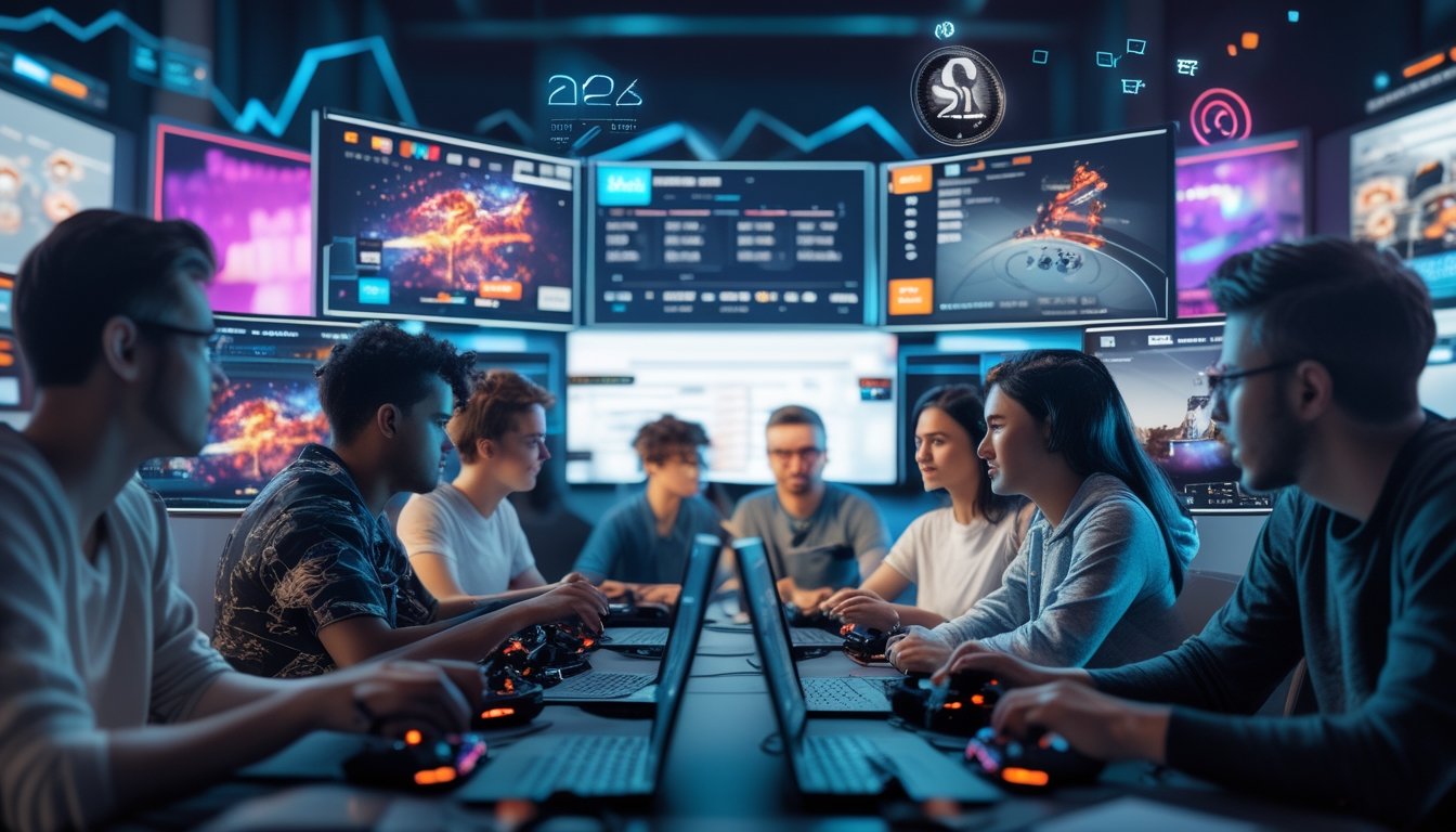 Sekelompok orang muda sedang bermain game esports dengan layar komputer menampilkan pertandingan dan grafik taruhan di latar belakang.
