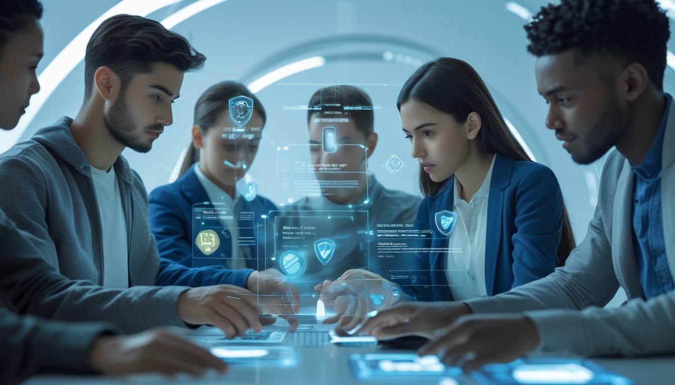 Beberapa orang muda menggunakan antarmuka digital futuristik untuk proses registrasi akun dan verifikasi keamanan dalam lingkungan teknologi tinggi.