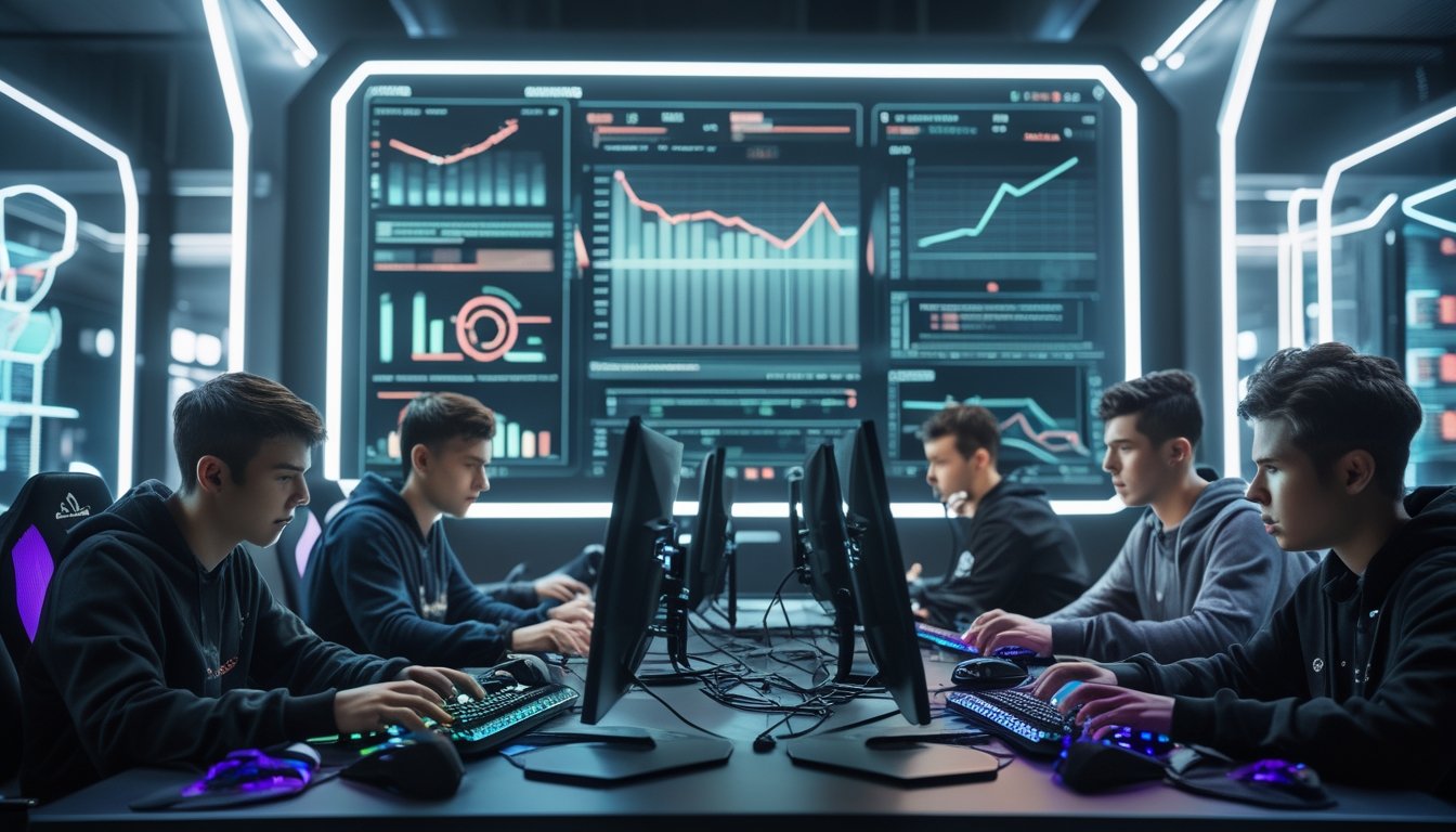 Sekelompok orang muda bermain esports dengan peralatan gaming canggih di ruangan futuristik, di latar belakang terlihat grafik dan diagram yang menunjukkan analisis risiko dan keuntungan.
