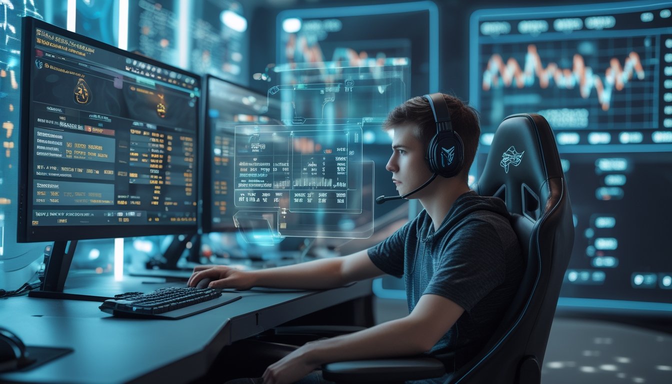 Seorang pemain esports muda sedang duduk di depan beberapa layar komputer dengan grafik dan data taruhan, menunjukkan analisis risiko dan keuntungan dalam judi esports.