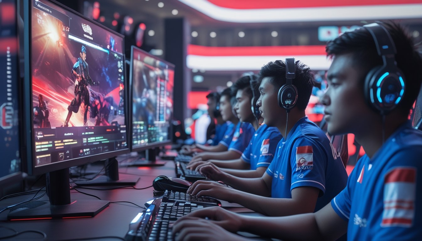 Sekelompok pemain esports muda sedang bermain di arena turnamen dengan layar komputer dan perangkat gaming, dikelilingi oleh elemen digital yang menunjukkan taruhan daring.