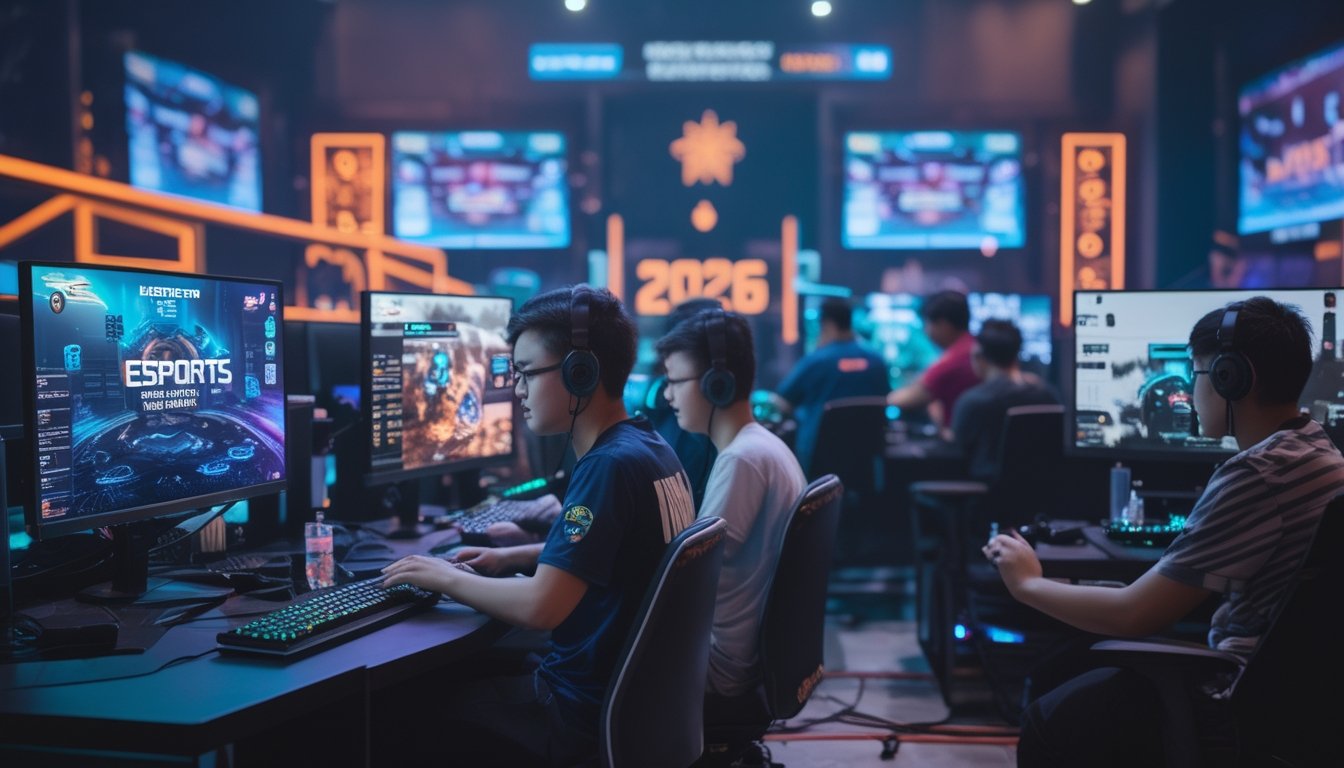 Sekelompok orang muda bermain game esports dengan peralatan gaming modern di sebuah ruangan dengan pencahayaan warna-warni dan latar belakang yang menampilkan elemen digital dan budaya Indonesia.