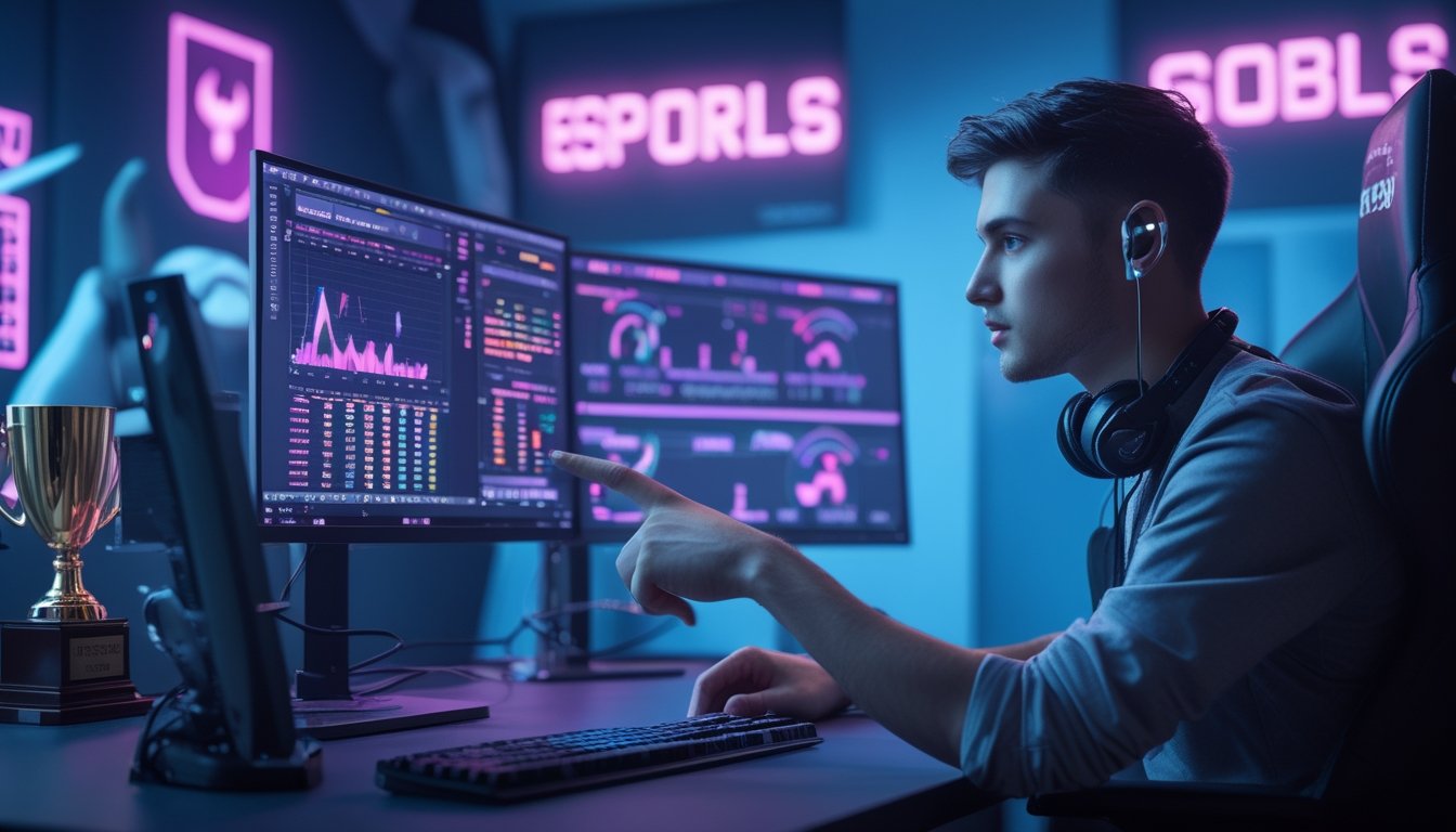 Seorang analis esports muda duduk di depan beberapa monitor komputer yang menampilkan statistik dan grafik tim esports, di ruang dengan pencahayaan biru dan ungu.