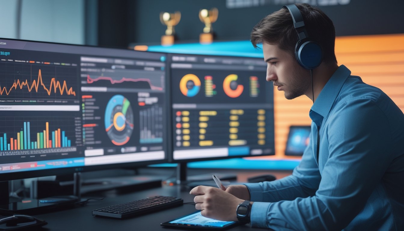 Seorang analis esports sedang mempelajari grafik dan statistik tim di layar komputer di sebuah kantor modern.