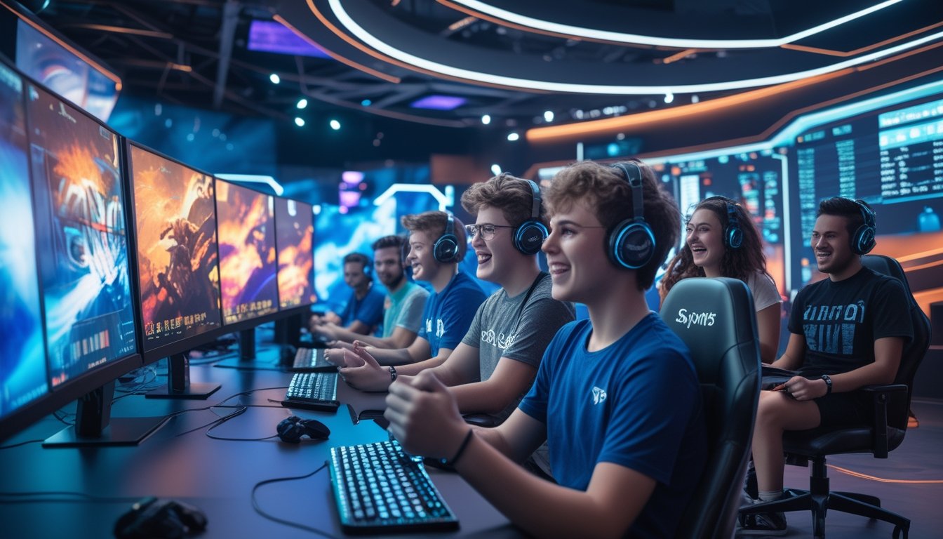 Sekelompok pemuda sedang bermain dan menikmati esports di sebuah ruang permainan modern dengan layar besar dan suasana yang penuh semangat.