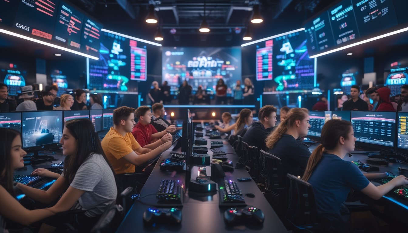 Sekelompok anak muda sedang bermain dan menonton pertandingan esports di sebuah arena permainan modern dengan layar besar dan perangkat gaming.