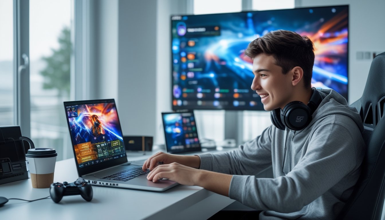 Seorang dewasa muda duduk di meja dengan laptop yang menampilkan grafik game esports, mengenakan headphone dan dikelilingi oleh peralatan gaming di ruangan terang.