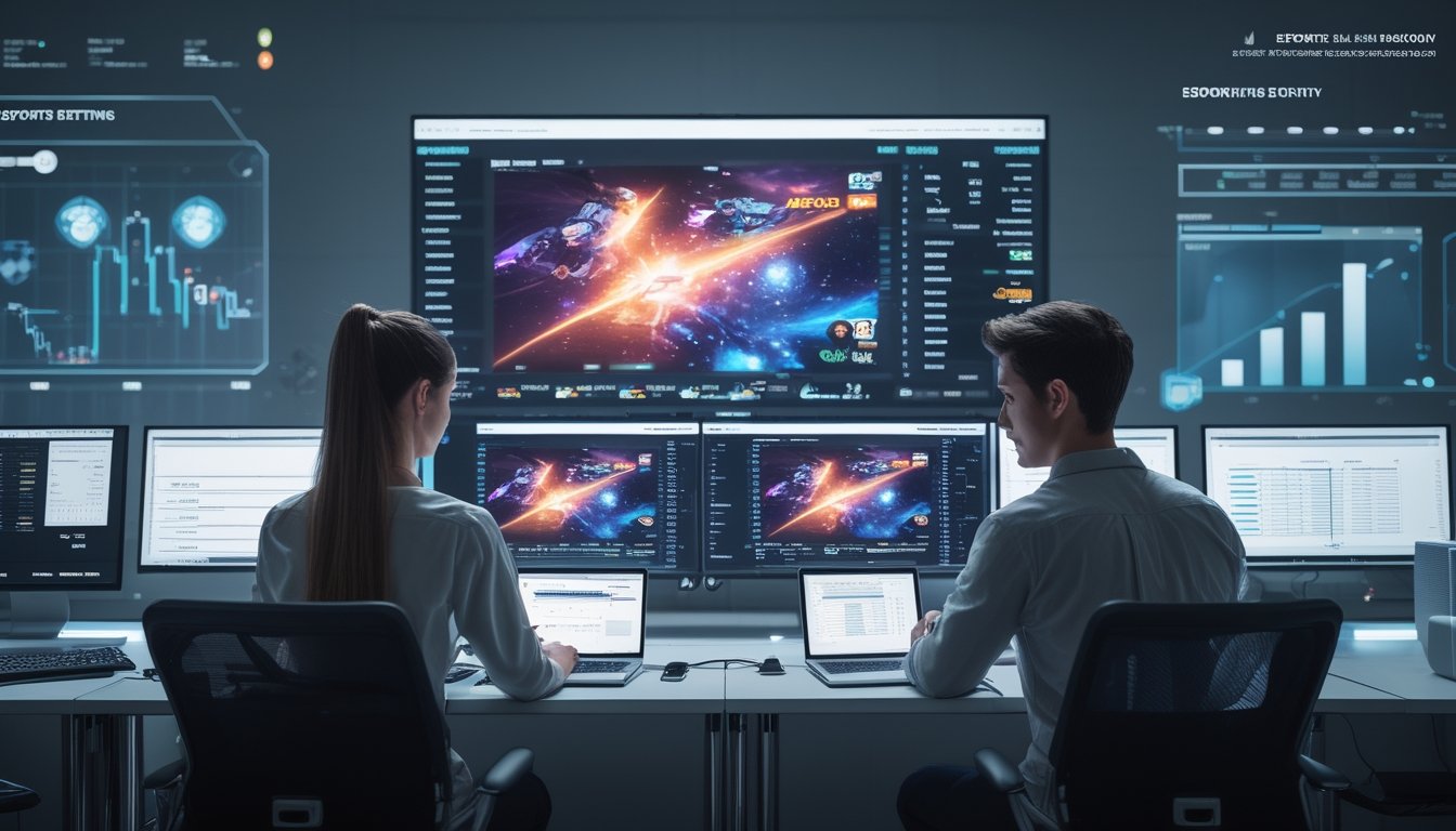 Dua orang muda duduk di depan beberapa layar komputer yang menampilkan permainan esports dan peluang taruhan, menggunakan laptop dan ponsel di lingkungan modern.