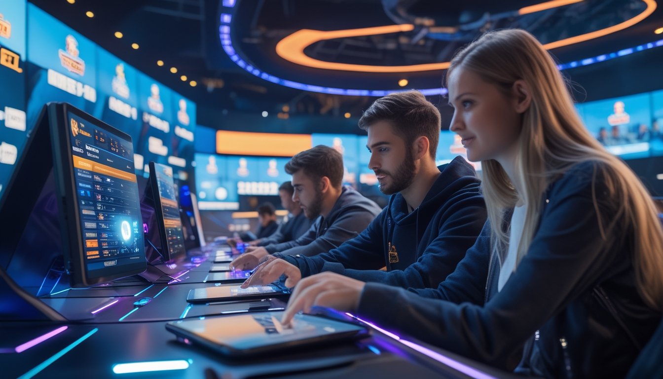 Beberapa orang muda sedang memasang taruhan di arena esports futuristik dengan layar besar dan perangkat teknologi canggih.