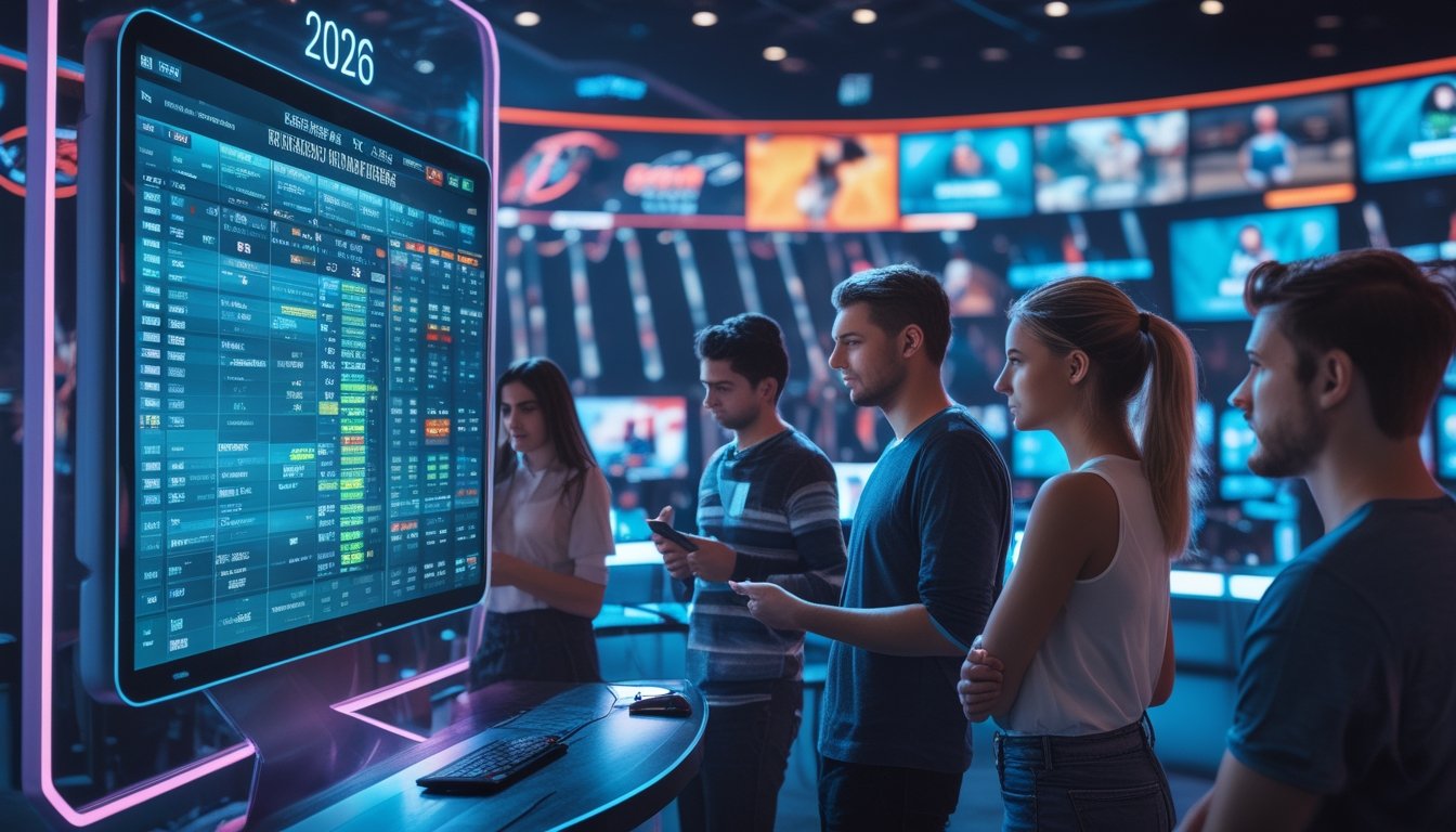 Sekelompok orang muda sedang melihat layar sentuh besar yang menampilkan berbagai jenis pasar taruhan esports di sebuah ruang bermain modern dengan lampu LED dan monitor pertandingan esports.