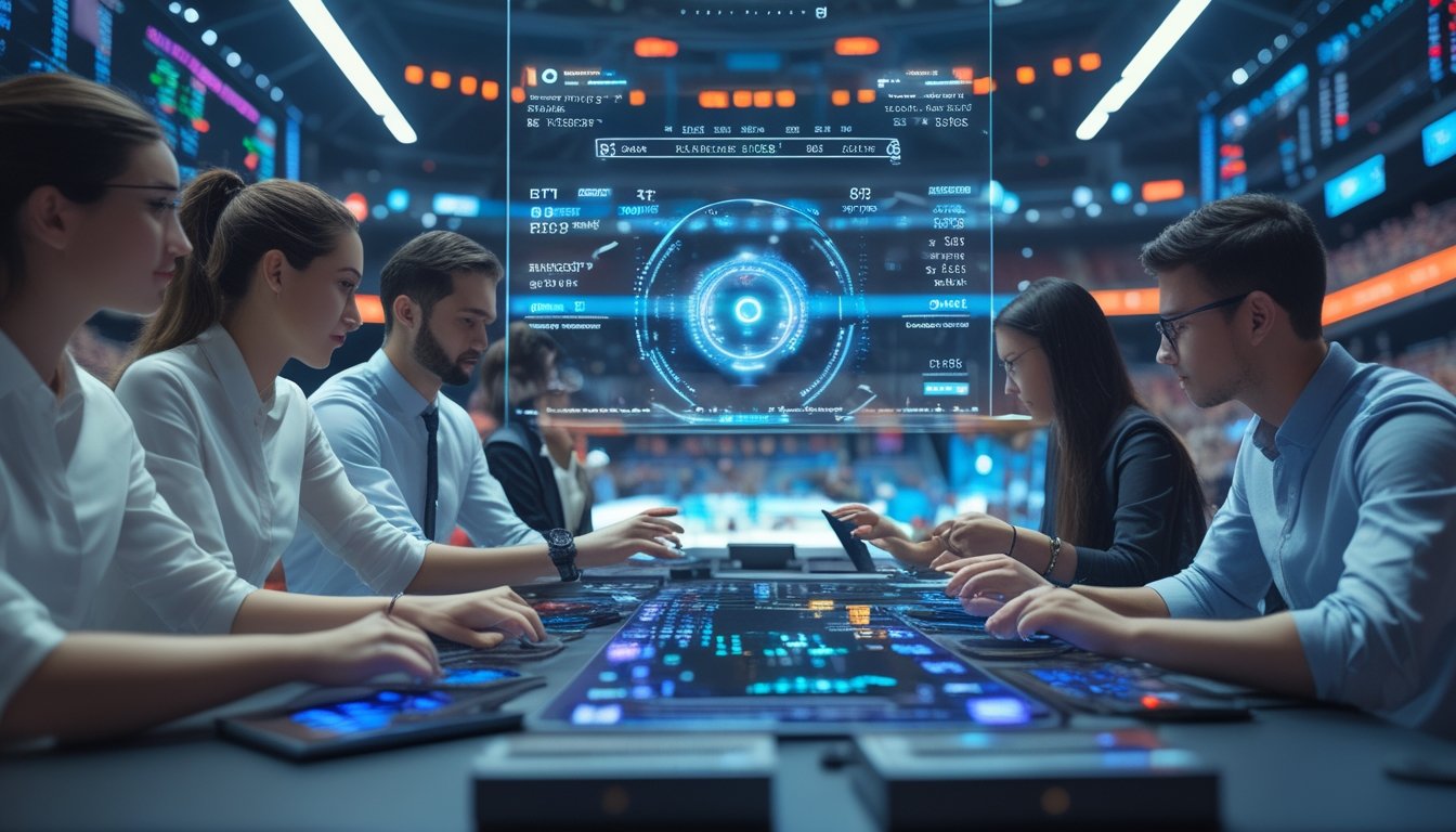 Sejumlah profesional muda sedang menggunakan layar digital dan hologram untuk menganalisis pertandingan esports dan memasang taruhan di sebuah ruang kontrol modern dengan latar belakang arena esports yang terang dan ramai.