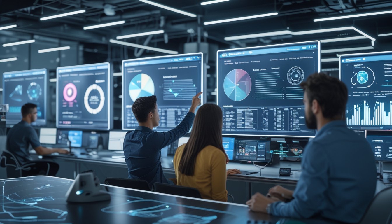 Sekelompok profesional muda sedang menganalisis data esports menggunakan teknologi canggih di ruang kerja modern dengan layar digital besar.