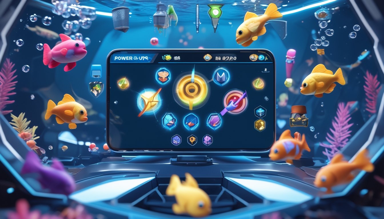 Layar perangkat digital menampilkan ikon power-up berwarna-warni di lingkungan bawah laut dengan berbagai ikan dan efek cahaya.