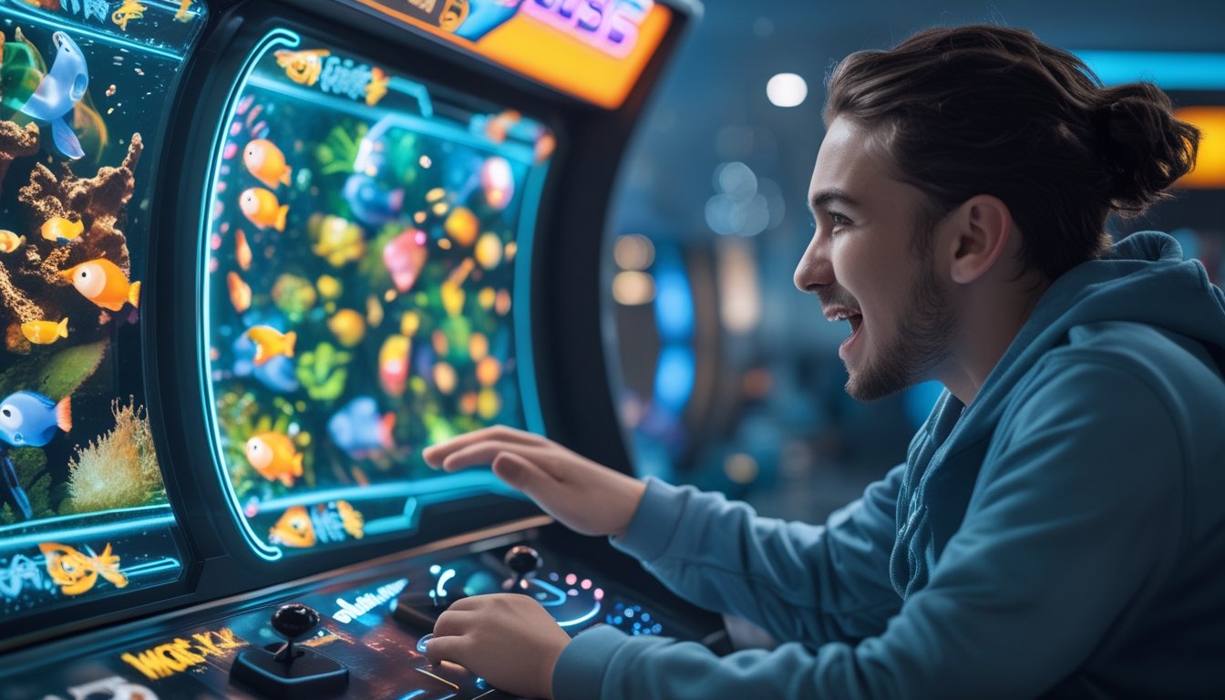 Seorang pemain muda sedang fokus bermain permainan tembak ikan di mesin arcade modern dengan visual ikan berwarna-warni dan efek power-up yang menyala.