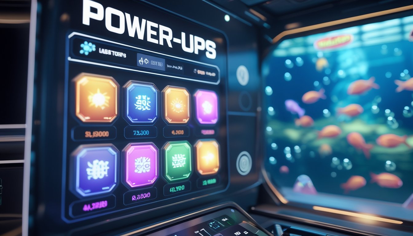 Tampilan antarmuka digital dengan ikon power-up berwarna-warni di latar belakang lingkungan bawah laut dengan ikan dan elemen jackpot.