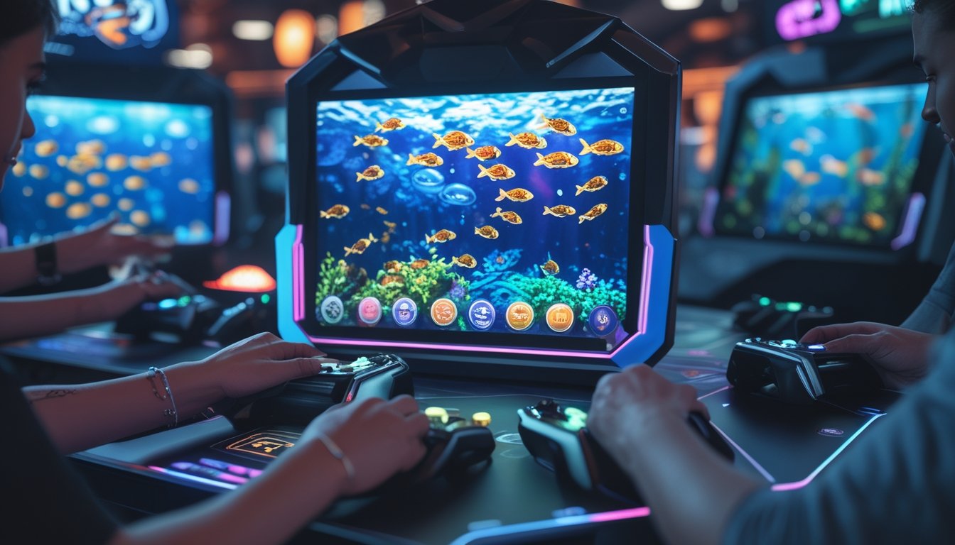 Layar permainan tembak ikan modern dengan berbagai jenis power-up dan tangan pemain yang sedang bermain.