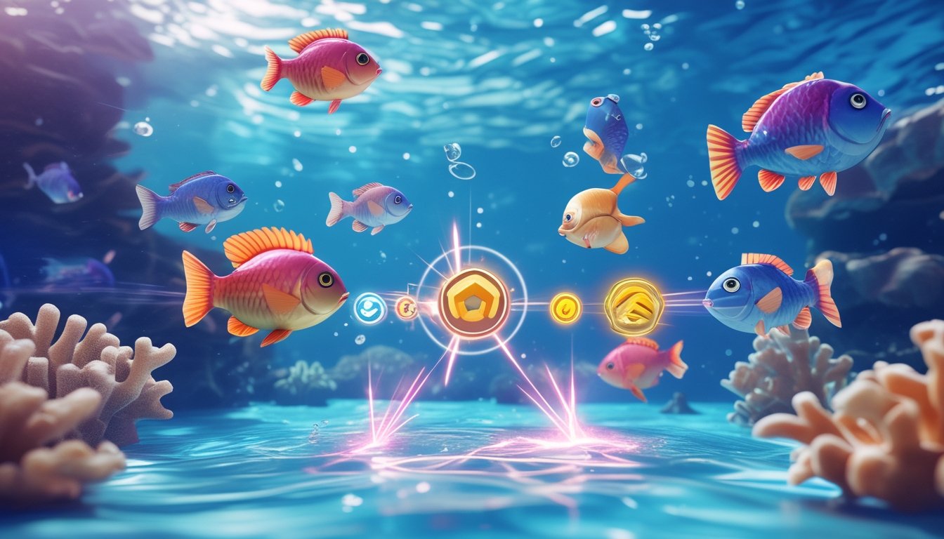 Adegan bawah laut dengan ikan berwarna-warni dan ikon power-up bercahaya yang menunjukkan berbagai kemampuan dalam permainan tembak ikan.