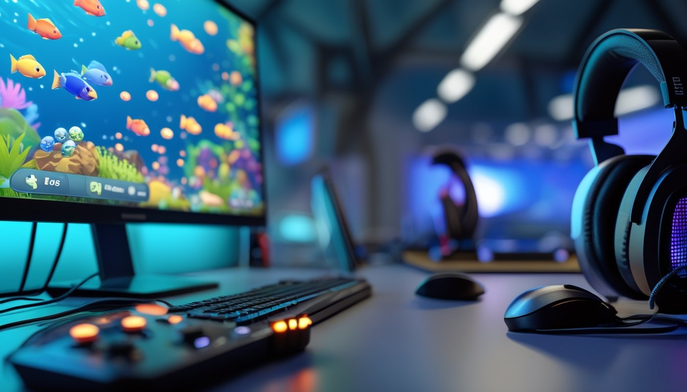 Sebuah setup permainan komputer yang menampilkan layar dengan animasi ikan dan ikon power-up, dikelilingi oleh perlengkapan gaming di atas meja.