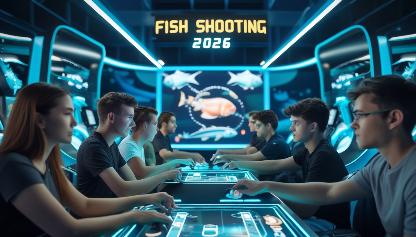 Sejumlah pemain sedang fokus bermain permainan tembak ikan di ruang arcade modern dengan lampu neon dan layar besar menampilkan ikan digital, salah satu pemain akan mengaktifkan power-up.