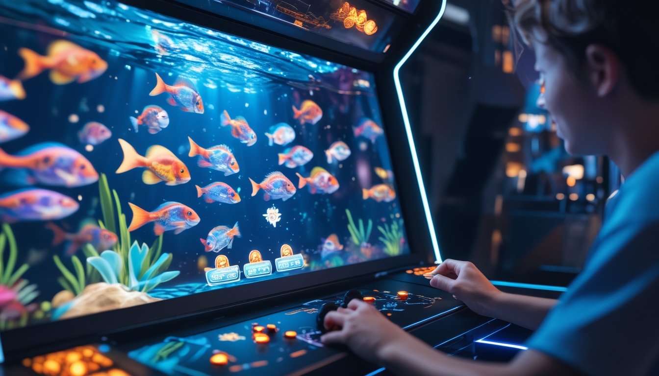 Seorang pemain sedang memainkan permainan tembak ikan dengan layar menampilkan ikan berwarna-warni dan ikon power-up yang menyala, tangan pemain siap mengaktifkan power-up.