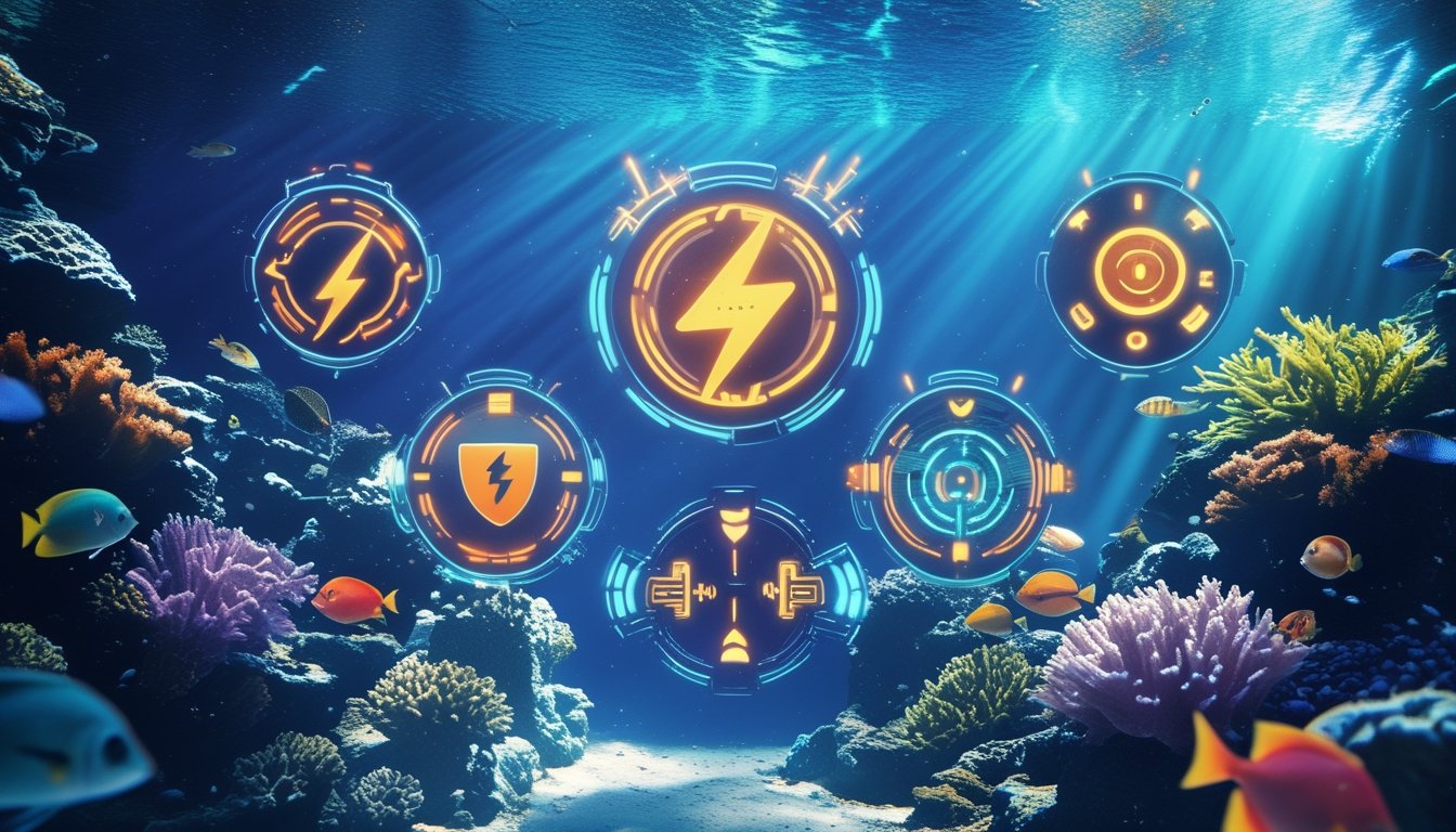 Lima ikon power-up berwarna cerah di atas terumbu karang dengan ikan tropis di laut biru yang jernih.