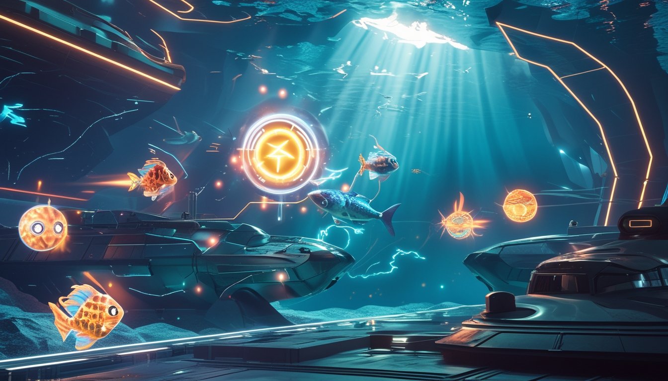 Adegan bawah laut dengan ikon power-up bercahaya dan kapal selam futuristik dalam permainan tembak ikan.