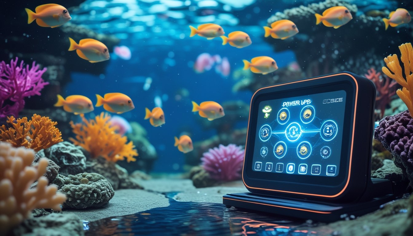 Pemandangan bawah laut dengan ikan warna-warni dan konsol permainan futuristik yang menampilkan ikon power-up dalam permainan tembak ikan.