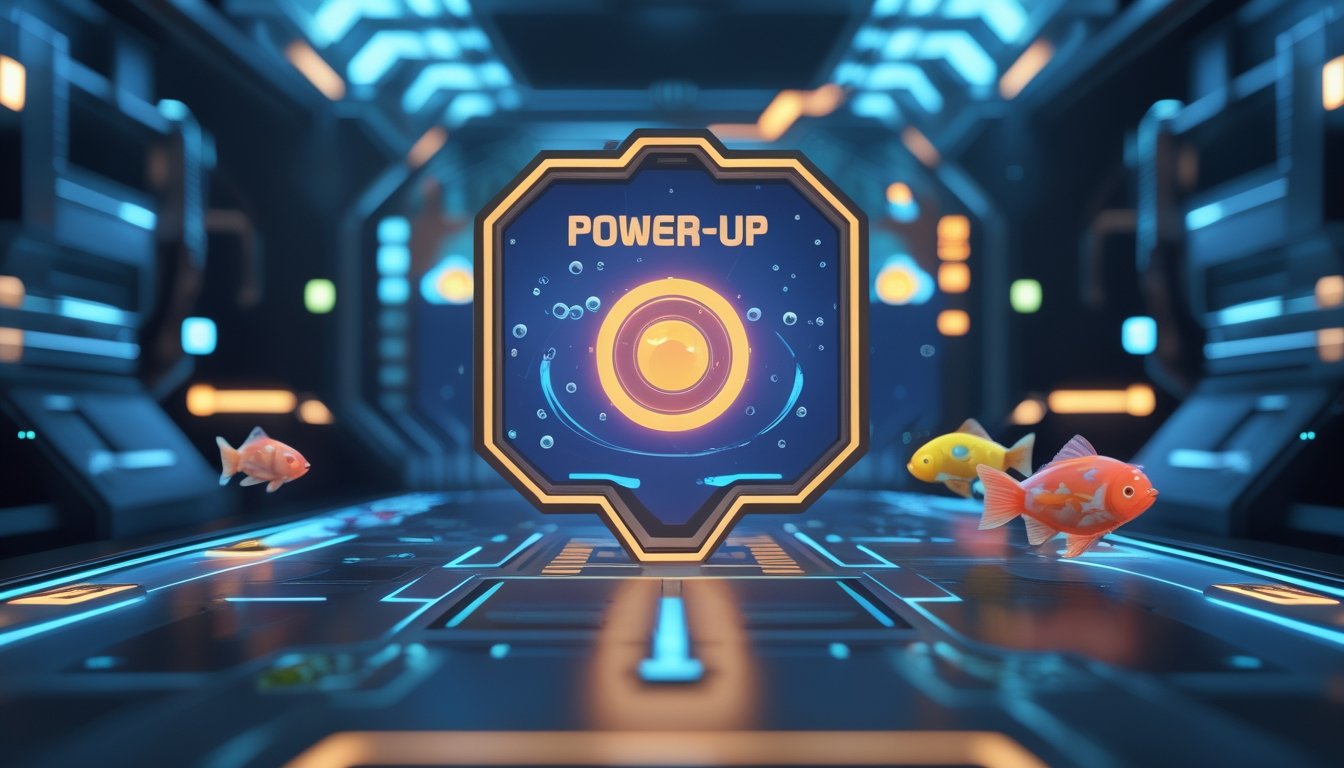 Tampilan permainan tembak ikan dengan ikan berwarna-warni dan ikon power-up yang menyala di layar permainan.