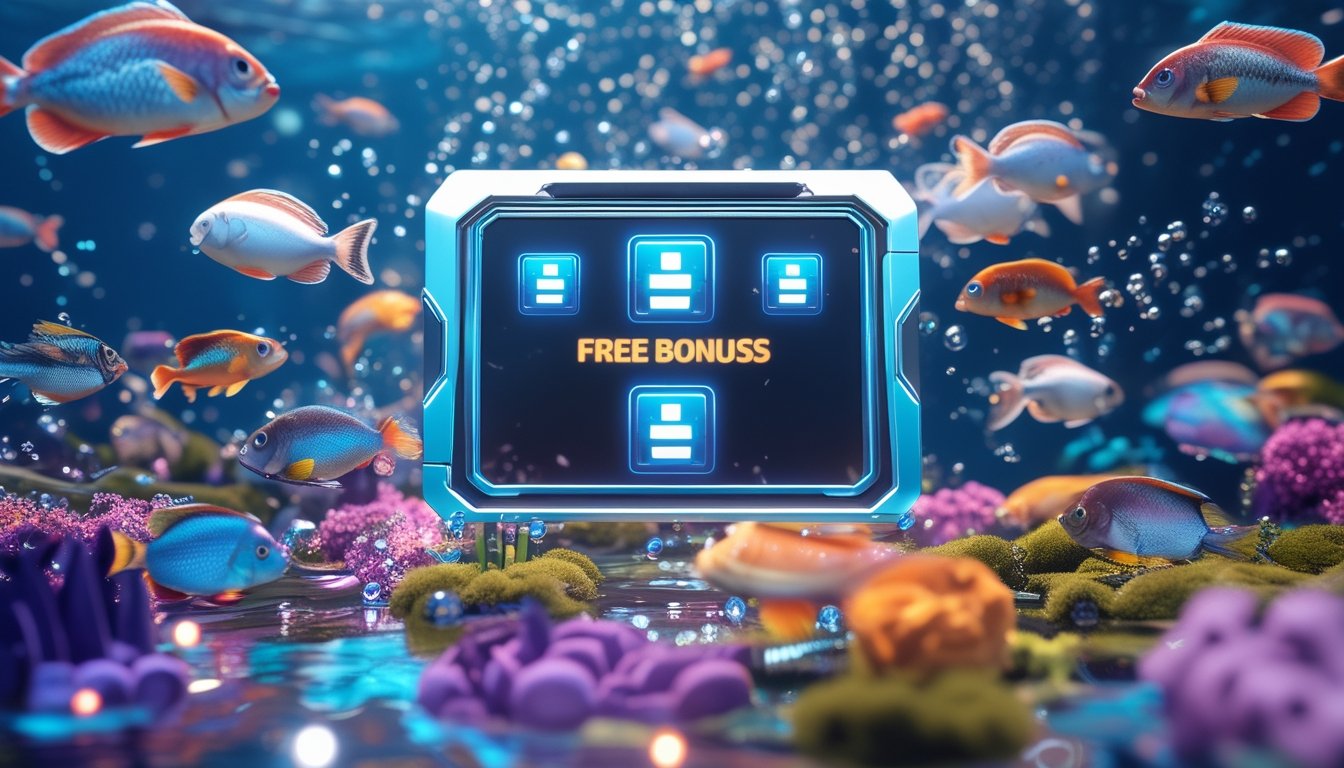Adegan permainan tembak ikan online dengan ikan berwarna-warni dan ikon power-up yang menyala di layar permainan.