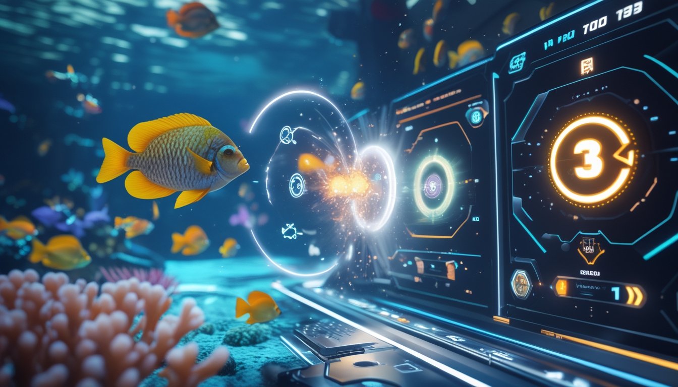 Latar bawah laut dengan ikan warna-warni dan antarmuka permainan yang menunjukkan aktivasi power-up dalam game tembak ikan.
