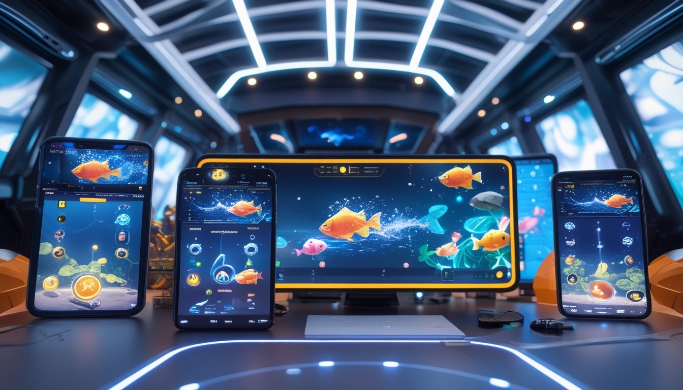 Tampilan berbagai perangkat dengan game tembak ikan yang menampilkan grafis bawah laut dan ikon power-up.