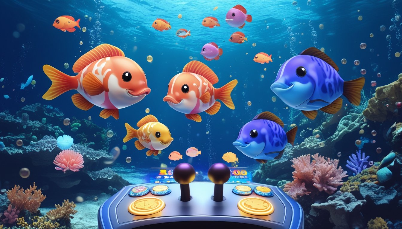 Pemandangan bawah laut dengan ikan warna-warni dan konsol permainan arkade futuristik yang menunjukkan suasana permainan tembak ikan dengan power-up.