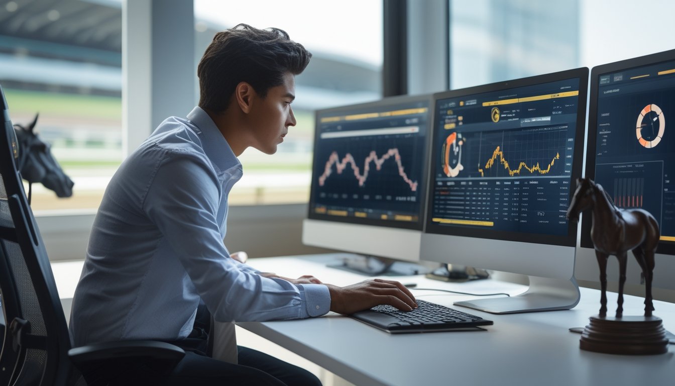 Seseorang sedang menganalisis data statistik balap kuda di depan beberapa layar komputer dengan latar belakang lintasan balap kuda.