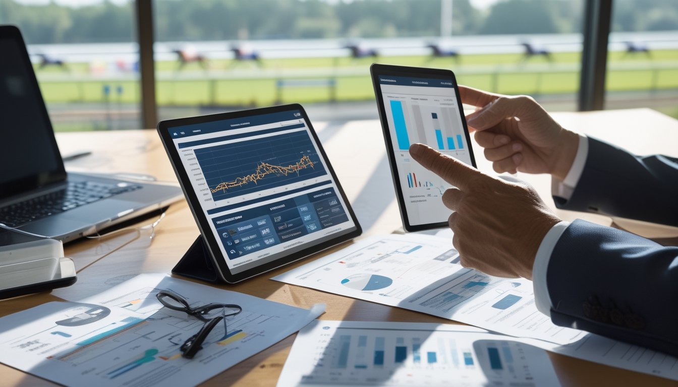 Seseorang sedang menganalisis data balap kuda di meja dengan latar belakang lintasan balap dan kuda yang sedang berlari.