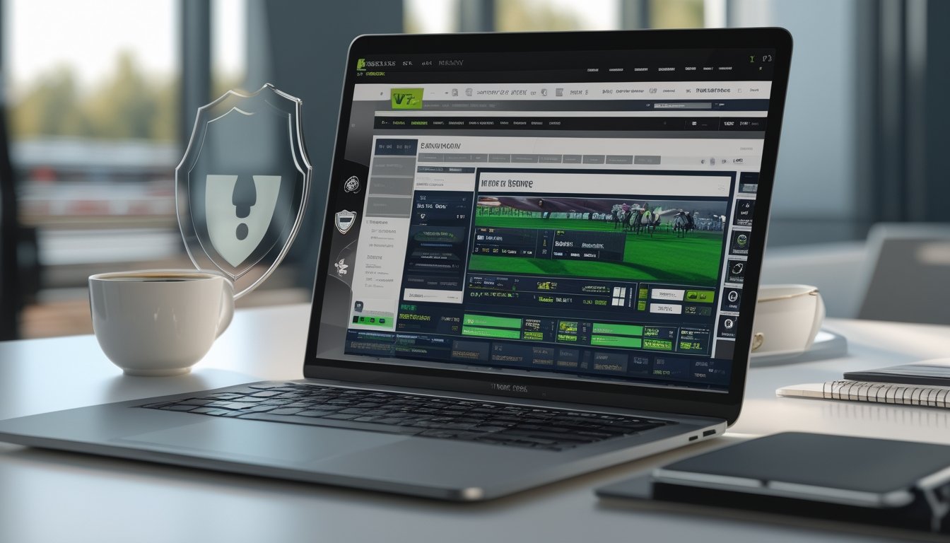 Seseorang menggunakan laptop dengan tampilan situs taruhan balap kuda online, di latar belakang terlihat lintasan balap kuda melalui jendela.