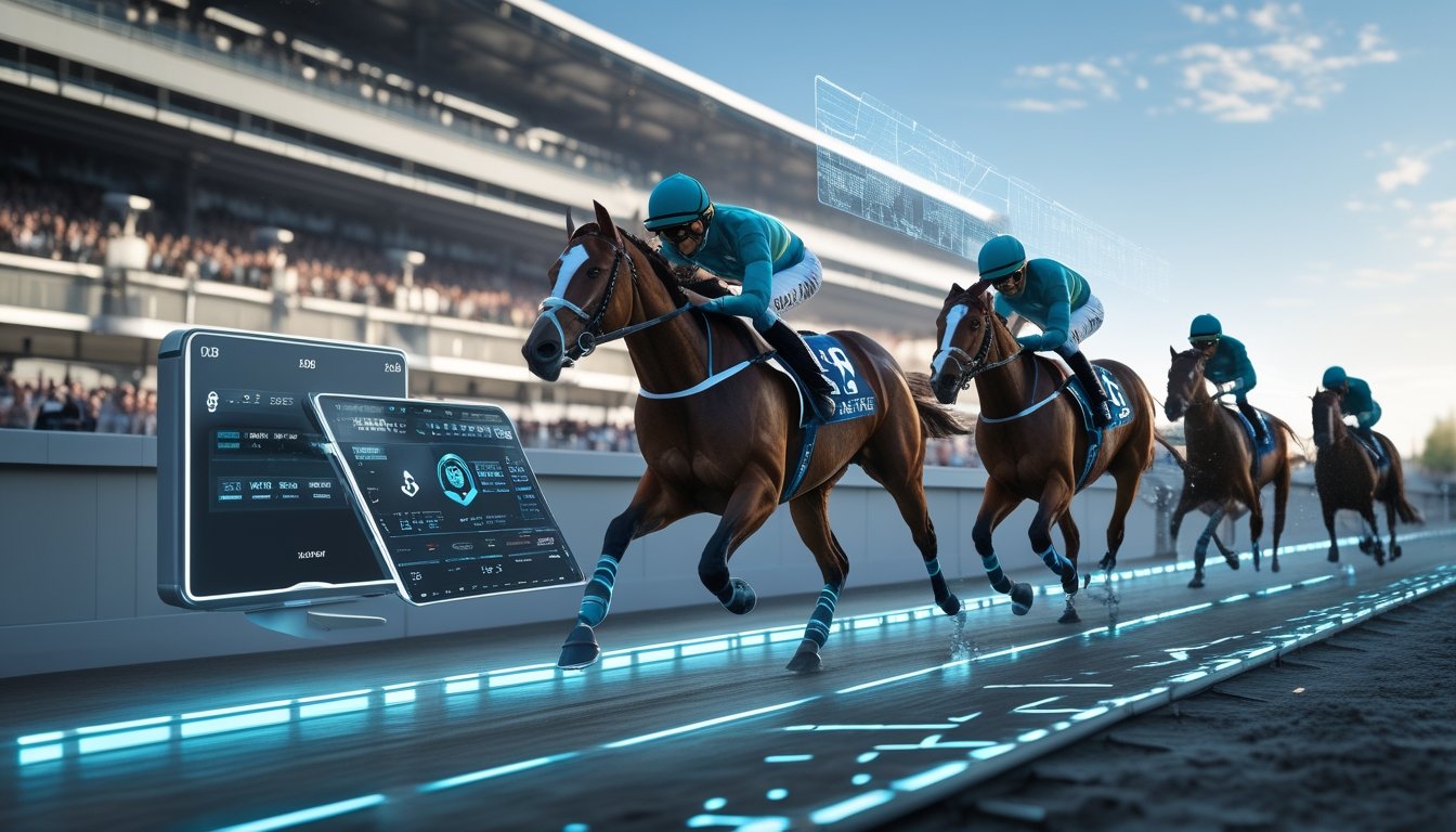Balapan kuda futuristik dengan joki mengenakan perlengkapan teknologi tinggi di lintasan modern, dikelilingi oleh penonton di stadion besar.