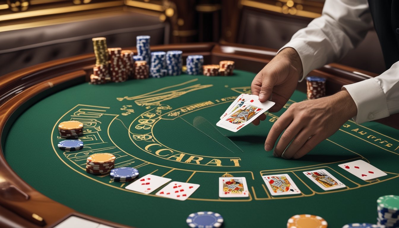 Meja baccarat klasik dengan kartu dan chip poker di kasino mewah, dealer sedang membagikan kartu.